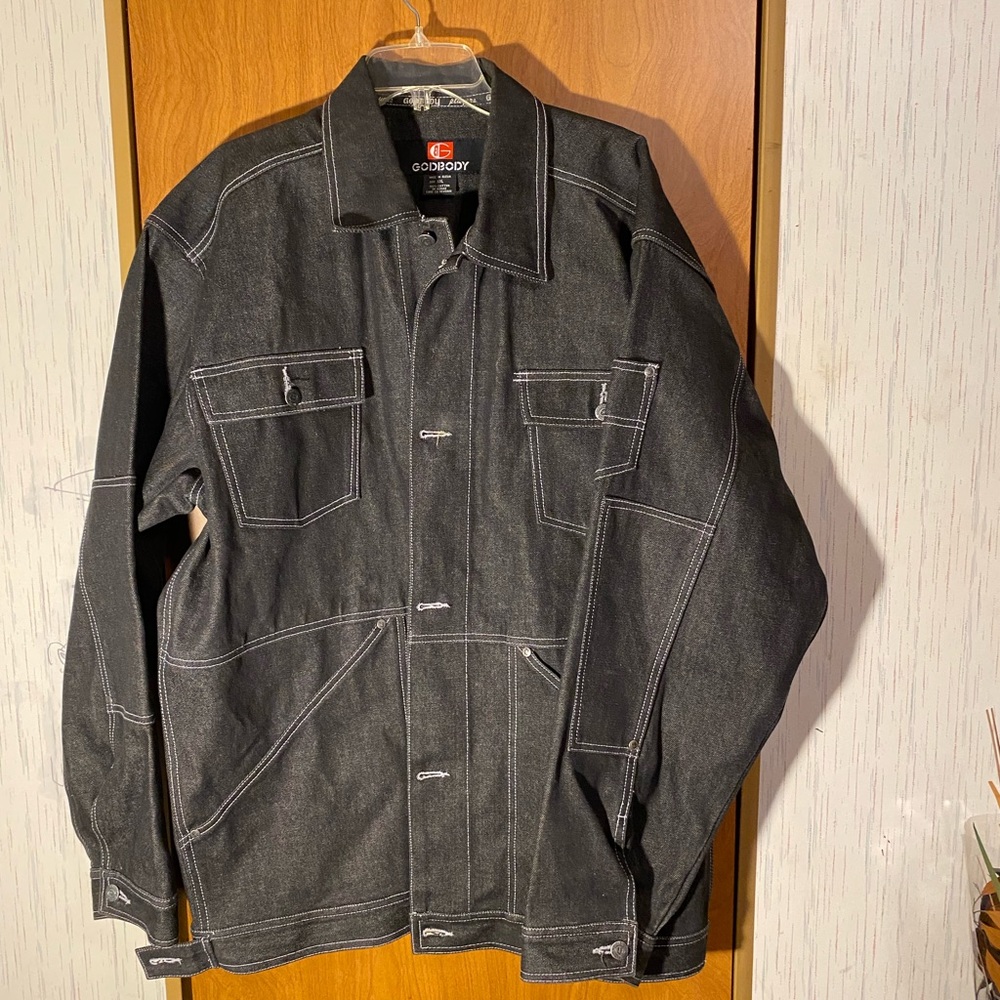 GODBODY Men's Denim Trucker-style  Platinum Embroidered Back Jacket “Vintage “